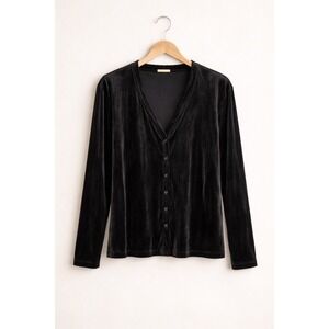 Black Velvet V-Neck Button Front Cardigan Long Sleeve Top Womens Regular Fit